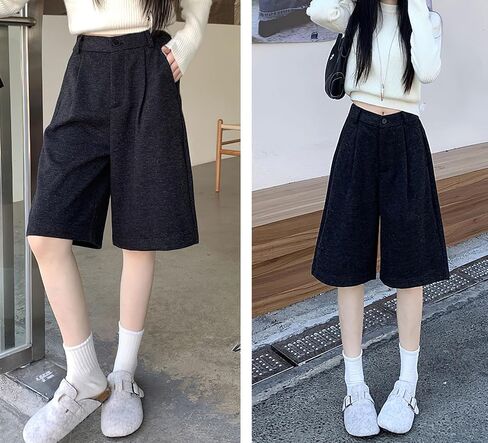 chouyatou Women's Winter Wool Wide Leg Shorts High Elastic Waist Dressy Casual Bermuda Shorts with Pockets in Saudi Arabia
