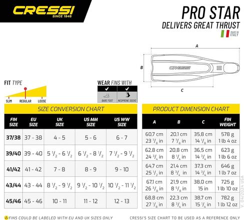 Cressi Adult Reactive Full Foot Pocket Scuba Diving Fins | Pro Star: made in Italy in Saudi Arabia