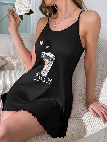 Women's Sleeveless Camisole Nightgown, Soft Breathable Sleepwear with Lettuce Trim，Short Summer Pajama Dress for Lounge in Saudi Arabia
