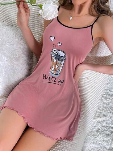 Women's Sleeveless Camisole Nightgown, Soft Breathable Sleepwear with Lettuce Trim，Short Summer Pajama Dress for Lounge in Saudi Arabia