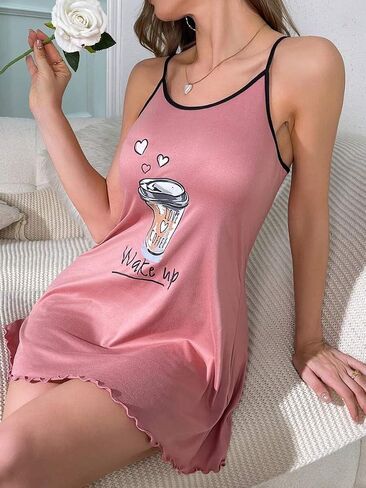 Women's Sleeveless Camisole Nightgown, Soft Breathable Sleepwear with Lettuce Trim，Short Summer Pajama Dress for Lounge in Saudi Arabia