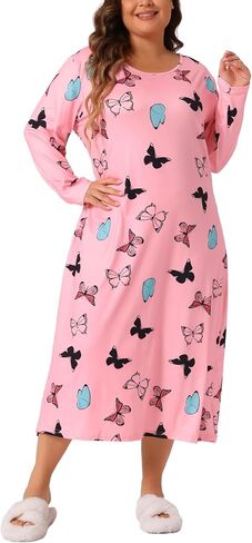 Agnes Orinda Plus Size Pajamas for Women Crew Neck Long Sleeve Casual Print Sleep Dress Nightgown Sleepwear in Saudi Arabia