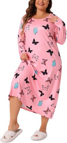 Agnes Orinda Plus Size Pajamas for Women Crew Neck Long Sleeve Casual Print Sleep Dress Nightgown Sleepwear in Saudi Arabia