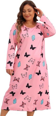 Agnes Orinda Plus Size Pajamas for Women Crew Neck Long Sleeve Casual Print Sleep Dress Nightgown Sleepwear in Saudi Arabia