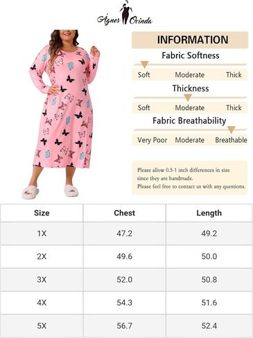 Agnes Orinda Plus Size Pajamas for Women Crew Neck Long Sleeve Casual Print Sleep Dress Nightgown Sleepwear in Saudi Arabia