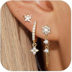 Sterling Silver Stud Hoop Earrings Set, Dainty Gold Silver Flower Chain Earrings for Multiple Piercing, Hypoallergenic Earring Jewelry for Women Trendy 2025 in Saudi Arabia