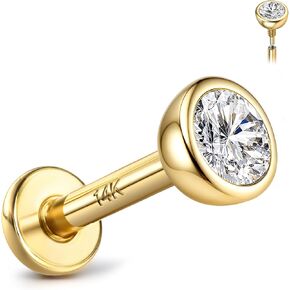 14K Solid Gold Flat Back Earring Hypoallergenic - 18G Cartilage Tragus Conch Helix Piercing Jewelry Extended Internal Thread Labret Lip Nose Stud for Women Men Simulated Diamond CZ 2/3mm in Kuwait