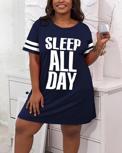 Womens Loose Fit Plus Size Letter Print T Shirt Dress Soft Breathable Nightdress Casual Street Daily Homewear in Saudi Arabia