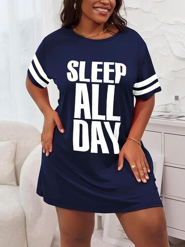 Womens Loose Fit Plus Size Letter Print T Shirt Dress Soft Breathable Nightdress Casual Street Daily Homewear in Saudi Arabia