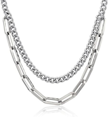 Waterproof 316L Stainless Steel Paperclip Link Two Layered Chain Chunky Necklace Choker for Women Men Punk Jewelry in Saudi Arabia