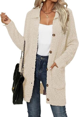 ZAFUL Womens Fuzzy Cardigan Sweaters Button Down Long Sleeve Lapel Loose Winter Coat with Pockets in Saudi Arabia