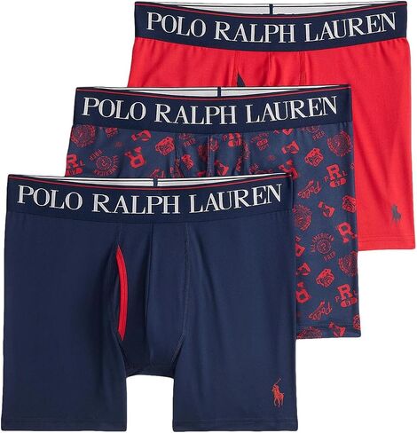 Polo Ralph Lauren Men's 4D Flex Cooling Microfiber Boxer Brief 3-Pack Cruise Navy/Rl Tossed Emblem Print/Rl2000 Red, Medium in Saudi Arabia