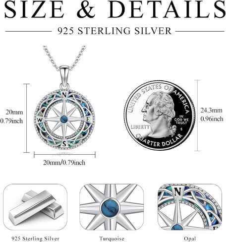 Compass Necklace 925 Sterling Silver Opal Compass Pendant Travel Map Necklace Graduation Inspirational Jewelry Gift for Men Women in Saudi Arabia