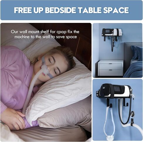 رف تثبيت على الحائط معدني Cpap لجهاز AirSense 11 مع شماعة خرطوم زاوية قابلة للتعديل وخطاف قناع، تصميم قوي ومتين، يوفر المساحة، ويتجنب تشابك الخرطوم، سهل التركيب، حامل Cpap بجانب السرير in Kuwait