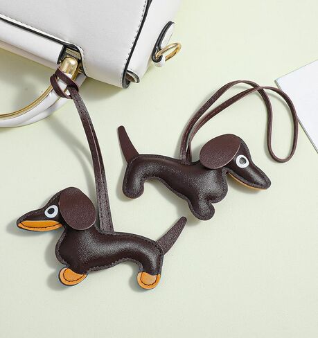 2 Pcs Dachshund Bag Charm, Weiner Dog Keychain, Handmade Pu Leather Dachshund Keychain for Backpack, Handbag & Keys, (Dark Brown, 3" X 4.5") in Saudi Arabia