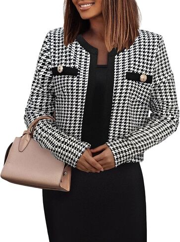 utcoco Women's Tweed Cropped Jacket Houndstooth Open Front Blazer Long Sleeve Office Casual Outerwear in Saudi Arabia