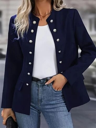 Women's Solid Color Stand Up Collar Double Breasted Jacket Business Casual Cardigan in Saudi Arabia