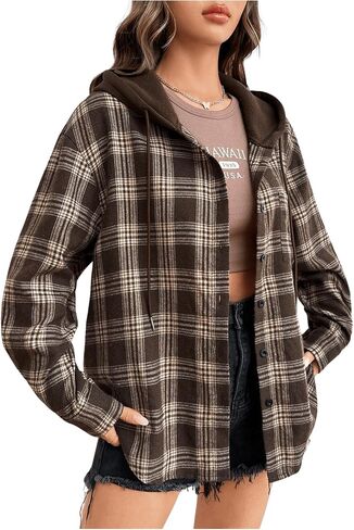SweatyRocks Women's Plaid Hoodie Long Sleeve Jacket Button Down Casual Fall Shirts with Pocket in Saudi Arabia