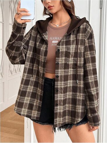 SweatyRocks Women's Plaid Hoodie Long Sleeve Jacket Button Down Casual Fall Shirts with Pocket in Saudi Arabia