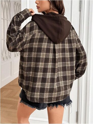 SweatyRocks Women's Plaid Hoodie Long Sleeve Jacket Button Down Casual Fall Shirts with Pocket in Saudi Arabia