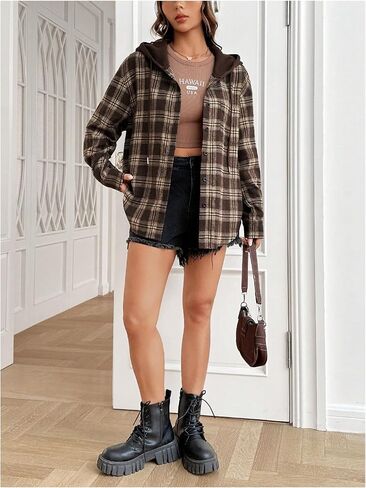 SweatyRocks Women's Plaid Hoodie Long Sleeve Jacket Button Down Casual Fall Shirts with Pocket in Saudi Arabia