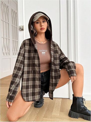 SweatyRocks Women's Plaid Hoodie Long Sleeve Jacket Button Down Casual Fall Shirts with Pocket in Saudi Arabia