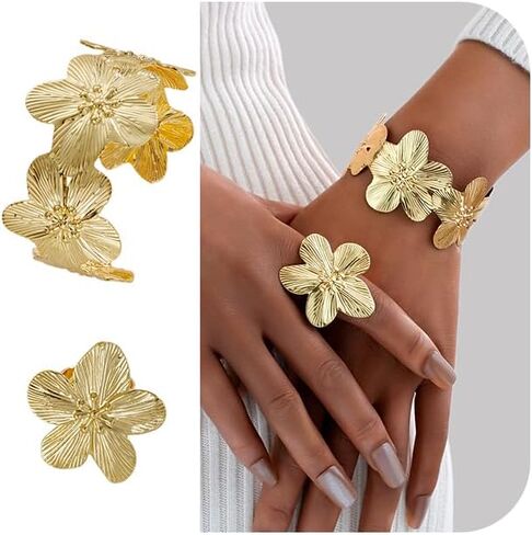 Gold Bangle Bracelets and Ring Set for Women, 14k Gold Plated Twist Flower Bracelets Adjustable, Open Cuff Bracelet Ring Jewelry Sets for Gift in Kuwait