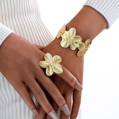 Gold Bangle Bracelets and Ring Set for Women, 14k Gold Plated Twist Flower Bracelets Adjustable, Open Cuff Bracelet Ring Jewelry Sets for Gift in Kuwait
