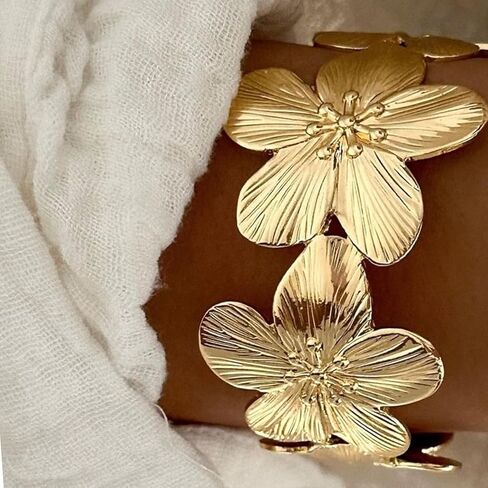 Gold Bangle Bracelets and Ring Set for Women, 14k Gold Plated Twist Flower Bracelets Adjustable, Open Cuff Bracelet Ring Jewelry Sets for Gift in Kuwait