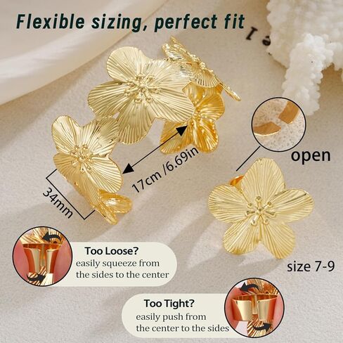 Gold Bangle Bracelets and Ring Set for Women, 14k Gold Plated Twist Flower Bracelets Adjustable, Open Cuff Bracelet Ring Jewelry Sets for Gift in Kuwait