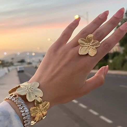 Gold Bangle Bracelets and Ring Set for Women, 14k Gold Plated Twist Flower Bracelets Adjustable, Open Cuff Bracelet Ring Jewelry Sets for Gift in Kuwait