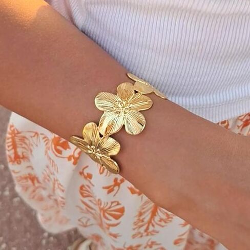 Gold Bangle Bracelets and Ring Set for Women, 14k Gold Plated Twist Flower Bracelets Adjustable, Open Cuff Bracelet Ring Jewelry Sets for Gift in Kuwait