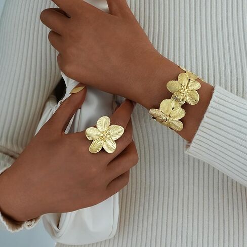 Gold Bangle Bracelets and Ring Set for Women, 14k Gold Plated Twist Flower Bracelets Adjustable, Open Cuff Bracelet Ring Jewelry Sets for Gift in Kuwait