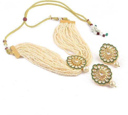 JewarHaat Indian Bollywood Necklace Set Crystal Layered Gold Plated Pearl Ad Cz Choker Gold Tone Meena Work With Matching Earrings Jewelry For Women in Saudi Arabia