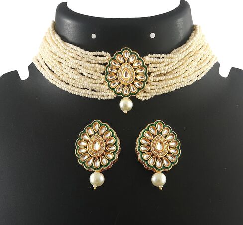JewarHaat Indian Bollywood Necklace Set Crystal Layered Gold Plated Pearl Ad Cz Choker Gold Tone Meena Work With Matching Earrings Jewelry For Women in Saudi Arabia