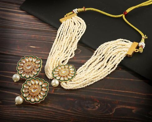 JewarHaat Indian Bollywood Necklace Set Crystal Layered Gold Plated Pearl Ad Cz Choker Gold Tone Meena Work With Matching Earrings Jewelry For Women in Saudi Arabia