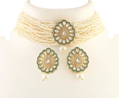 JewarHaat Indian Bollywood Necklace Set Crystal Layered Gold Plated Pearl Ad Cz Choker Gold Tone Meena Work With Matching Earrings Jewelry For Women in Saudi Arabia