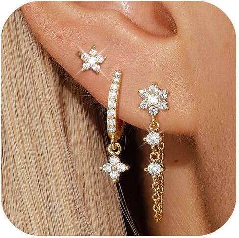 Sterling Silver Stud Hoop Earrings Set, Dainty Gold Silver Flower Chain Earrings for Multiple Piercing, Hypoallergenic Earring Jewelry for Women Trendy 2025 in Saudi Arabia