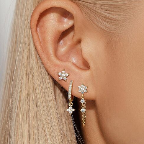 Sterling Silver Stud Hoop Earrings Set, Dainty Gold Silver Flower Chain Earrings for Multiple Piercing, Hypoallergenic Earring Jewelry for Women Trendy 2025 in Saudi Arabia