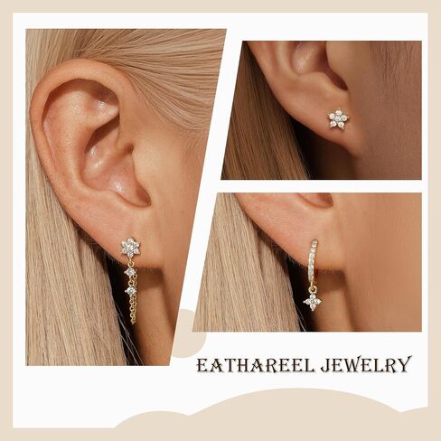 Sterling Silver Stud Hoop Earrings Set, Dainty Gold Silver Flower Chain Earrings for Multiple Piercing, Hypoallergenic Earring Jewelry for Women Trendy 2025 in Saudi Arabia