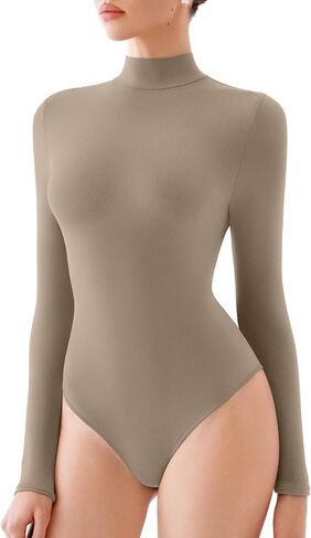 REORIA Women's Long Sleeve Bodysuits Mock Turtleneck Slim Tight Double Lined Basic Layering Body Suits Tops Fall Winter Outfits 2024(Light Coffee Small) in Kuwait