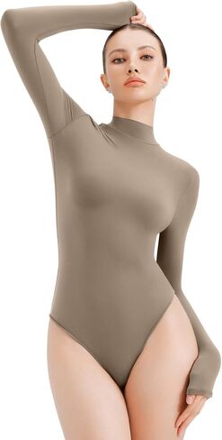 REORIA Women's Long Sleeve Bodysuits Mock Turtleneck Slim Tight Double Lined Basic Layering Body Suits Tops Fall Winter Outfits 2024(Light Coffee Small) in Kuwait