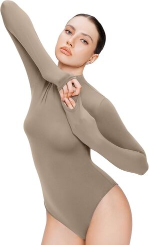 REORIA Women's Long Sleeve Bodysuits Mock Turtleneck Slim Tight Double Lined Basic Layering Body Suits Tops Fall Winter Outfits 2024(Light Coffee Small) in Kuwait