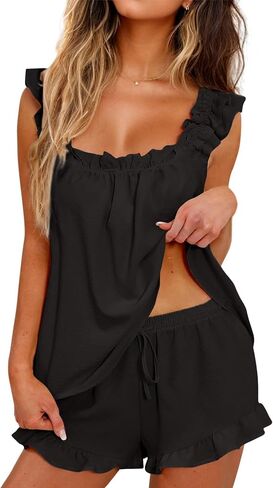 Women 2 Piece Cute Ruffle Pajama Set Cotton Bride Pjs Cami Tank Top and Shorts Sleepwear Bridal Outfit Lounge Set S-XXL in Kuwait