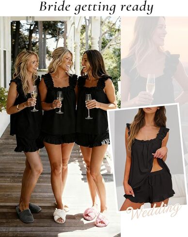 Women 2 Piece Cute Ruffle Pajama Set Cotton Bride Pjs Cami Tank Top and Shorts Sleepwear Bridal Outfit Lounge Set S-XXL in Kuwait