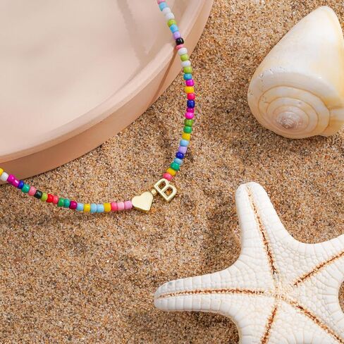 Turandoss Colorful Beaded Initial Necklaces for Women Girls, 14K-Gold-Plated Heart Letter A-Z Pendant Dainty Summer Jewelry Personalized Birthday Gifts for Teen Girls in Saudi Arabia