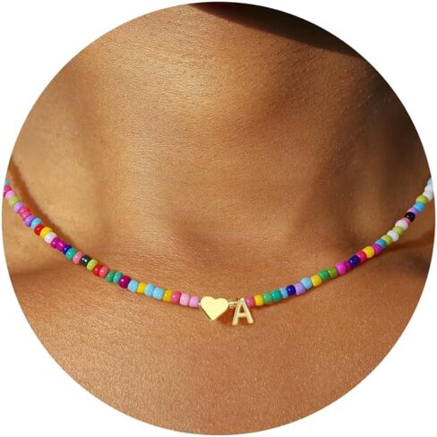 Turandoss Colorful Beaded Initial Necklaces for Women Girls, 14K-Gold-Plated Heart Letter A-Z Pendant Dainty Summer Jewelry Personalized Birthday Gifts for Teen Girls in Saudi Arabia