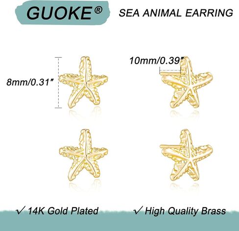 أقراط نجم البحر على الشاطئ - أقراط على شكل صدفة سمكة البحر مطلية بالذهب/الذهب الأبيض عيار 14 قيراط، مجوهرات لقضاء العطلات الصيفية الساحلية للنساء in Kuwait