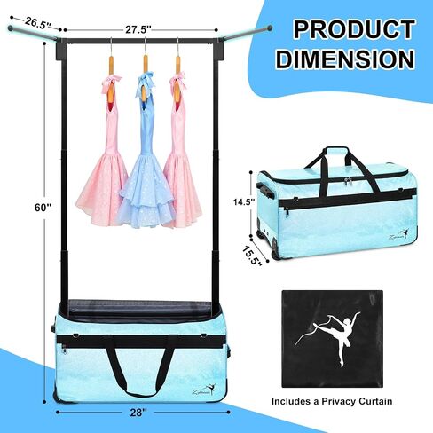 Dance Bag with Garment Rack and Curtain - 23" Glitter Dance Competition Travel Duffle Bag - Quick Privacy Changing Station, Easy Assembly, Ideal for Dance Competition, Backstage, Recital, Travel in Saudi Arabia