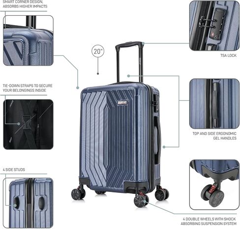 DUKAP STRATOS 20 Inch Carry On Hardside Luggage with GEL Handle and TSA Lock, Travel Suitcase with Spinner Wheels and Studs, Blue in Saudi Arabia